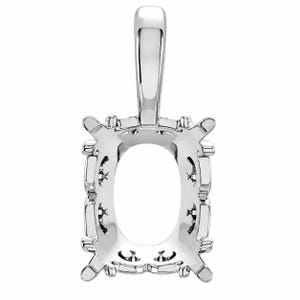 May include: A polished silver-toned metal pendant setting featuring a rectangular frame with rounded corners and an oval-shaped center opening. The setting includes four prongs at the corners and a vertical bail at the top for attachment.