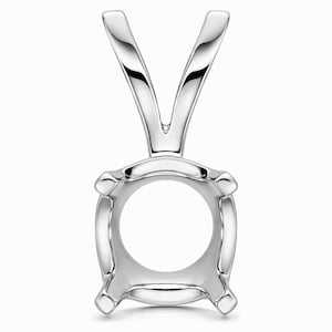 May include: A polished silver pendant setting with a square-shaped bezel and a V-shaped bail. The setting is designed to hold a round gemstone. The metal has a bright, reflective finish.