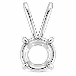 May include: A polished silver-toned metal pendant setting featuring a circular frame with four rounded prongs designed to hold a single gemstone. The setting includes a V-shaped bail at the top for attachment to a chain, showcasing a smooth finish.