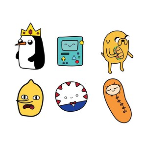 May include: A set of six cartoon character illustrations featuring a penguin wearing a crown, a game console, a dog eating a sandwich, a lemon with a face, a candy with a bow tie, and a sleeping bag with a face.