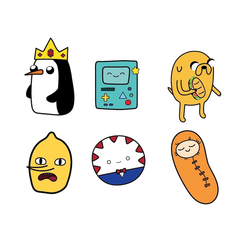 May include: A set of six cartoon character illustrations featuring a penguin wearing a crown, a game console, a dog eating a sandwich, a lemon with a face, a candy with a bow tie, and a sleeping bag with a face.