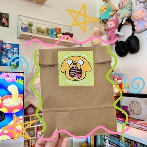 Op de afbeelding: Een bruine papieren zak met een sticker waarop een cartoonhond te zien is met de tekst "adventure time mystery bag".