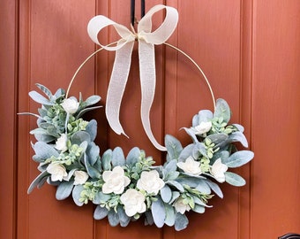 Lambs ear hoop wreath, Handmade front door décor, Gift for mom, Mantel decoration, All seasons wreath