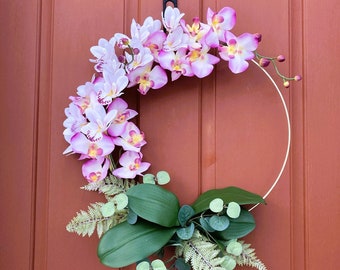 Pink Orchids hoop wreath, Front door wreath, Wall decor, Gift for mom