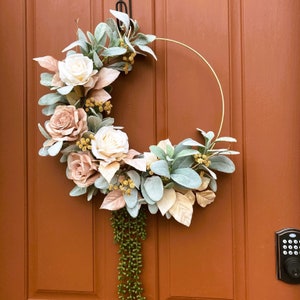 Modern hoop wreath, Front door décor, Handmade decorative floral hoop, Gift for mom
