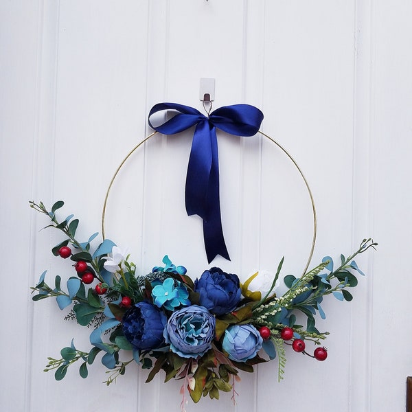 Blue Peony Hoop Wreath: Winter Window Decor with Eucalyptus