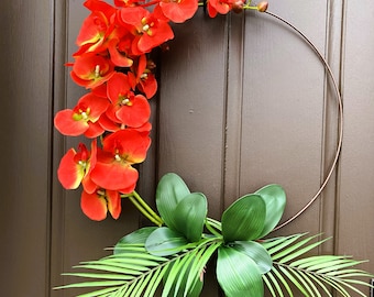 Orange orchid hoop wreath, Summer home decor, Gift for moms