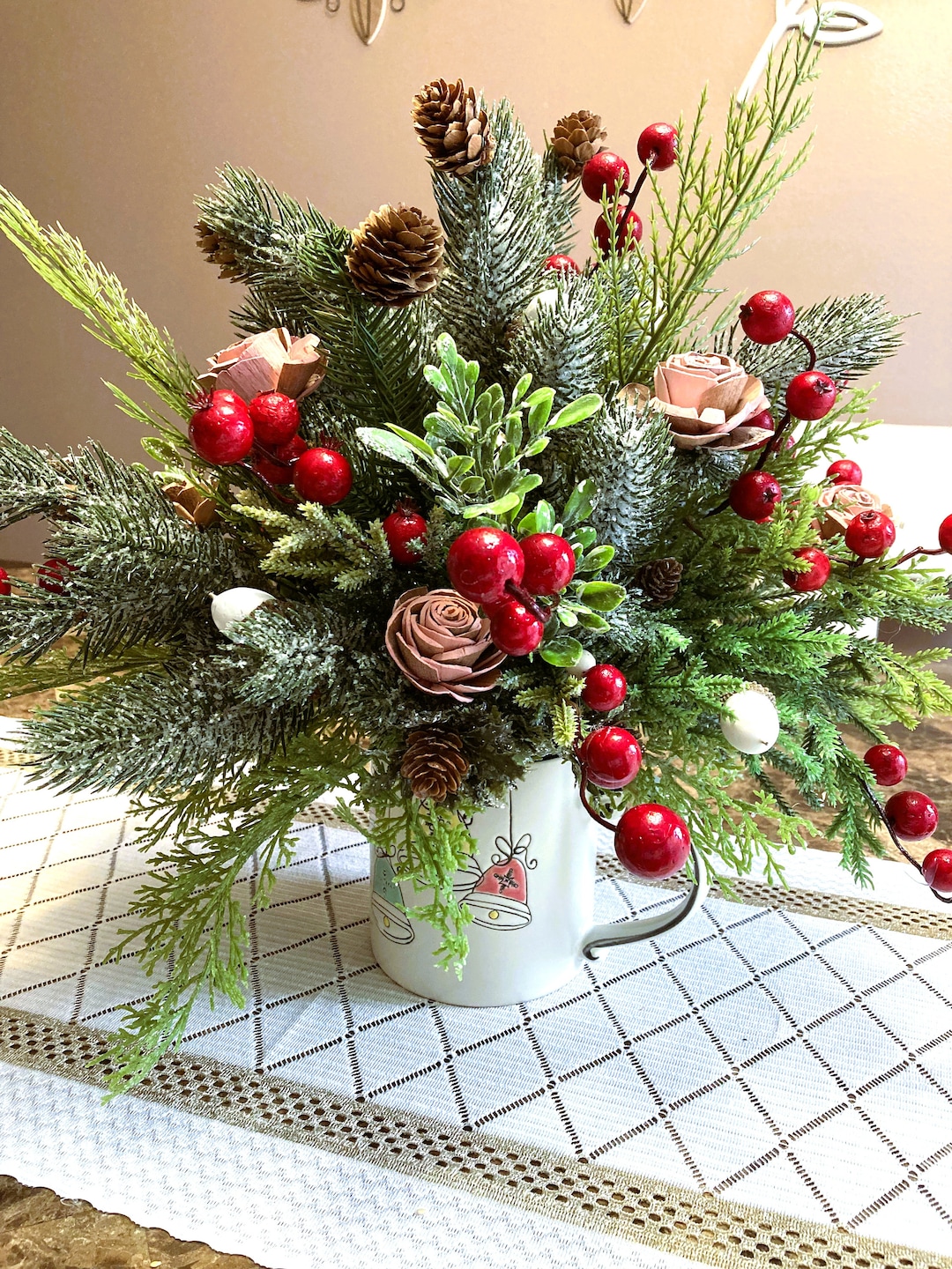 Christmas Tabletop Centerpiece, Holyday Home Decor, Pine and Berries Bouquet, Gift for Mom Etsy