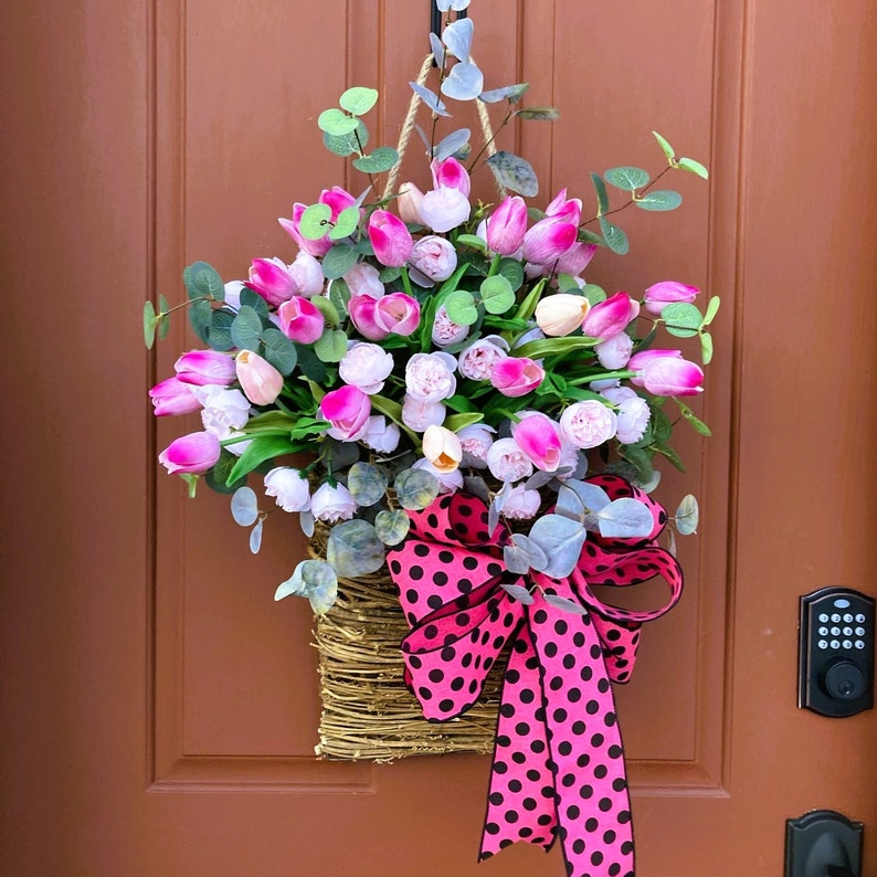 Front Door Tulip Basket Spring Door Decor Hanging Floral Etsy