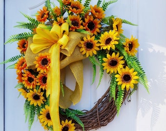 Sunflower wreath , Yellow wreath 24 in, Fall door décor, Farmhouse wreath, Autumn decoration