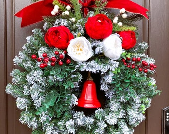 Christmas wreath, Holiday door decor, Winter wreath with bell, Gift for moms