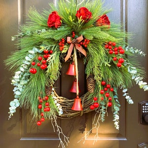 Christmas Wreath With Bells, Front Door Décor, Gift Wreath, Holiday ...