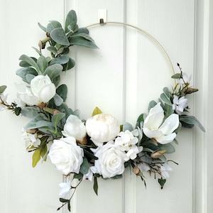 White hoop wreath, Neutral door wreath, Gift for moms, Front door hoop, Apartment wreath image 1