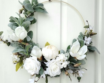 Floral Hoop Wreath: White Rose, Magnolia & Lambs Ear - Gold Metal Base