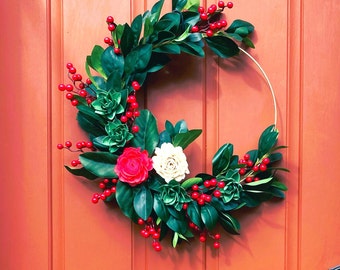 Christmas hoop wreath, Winter door décor, Gift for mom