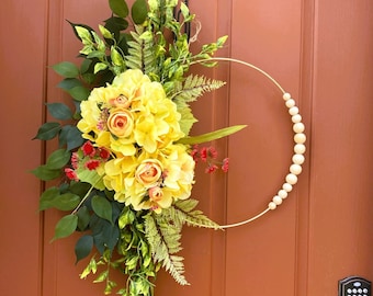 Summer hoop wreath, Front door decor, Gift for mom, Modern home decoration