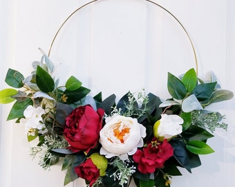 All seasons wreath for front door, Modern hoop wreath, Gift for mom, Apartment wreath