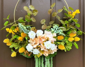 Summer hoop wreath, Modern door decor, Gift for mom