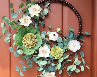 Wood flowers hoop wreath , Wall décor ,Modern door décor , Gift for mom , Apartment wreath