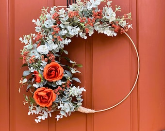 Burnt orange hoop wreath, Autumn door decoration, Gift for mom