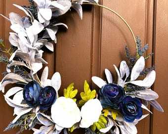 Corona de aro moderna, corona de orejas de cordero, decoración azul para el hogar, regalo para mamás