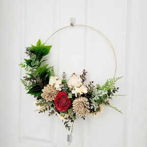 Hoop wreath with wood flowers, All seasons wreath, Gift for mom, 18 inch Apartment wreath image 6