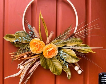 Fall hoop wreath, Autumn door décor, Modern floral wreath, Gift for mom