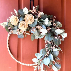 All seasons wreath, Front door decor, Eucalyptus and wood flowers