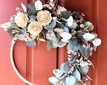 All seasons wreath, Front door decor, Eucalyptus and wood flowers