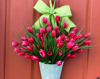 Pink tulips bucket, Spring door decoration, Gift for moms, Front door wreath