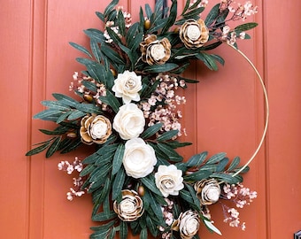 Modern hoop wreath, Wood flowers wreath, Front door décor, Housewarming gift, Cozy room décor