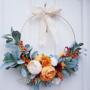 Modern hoop wreath for front door, Cream and orange wreath, Gift for mom