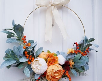 Modern Hoop Wreath: Cream Peonies, Lambs Ear, Gold Ring
