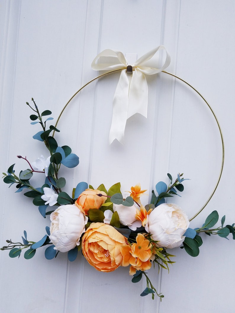 Orange and cream wreath Fall door decor Modern hoop wreath 16 inch Peony wreath