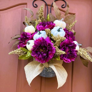 Fall door bucket, Floral arrangement, Peonies and pumpkins, Front door decoration