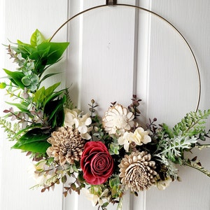 Hoop wreath with wood flowers, All seasons wreath, Gift for mom, 18 inch Apartment wreath image 2