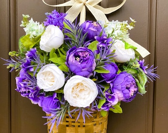 Peony basket for front door, Purple and white wreath, Gift for moms, Summer home decor