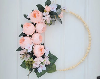 Summer hoop wreath, Gift for moms, Spring door décor, 21 inch Peach peony wreath