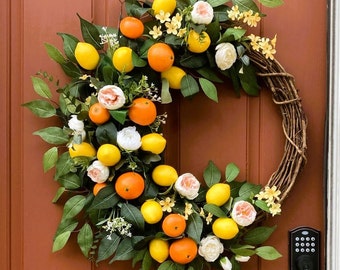 Lemons and oranges wreath, Summer-Fall door décor, Farmhouse style wreath