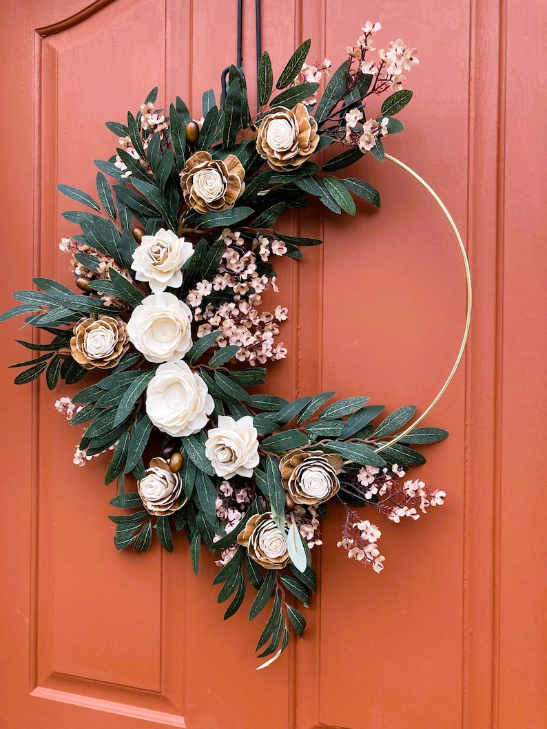 Modern hoop wreath, Wood flowers wreath, Front door décor, Housewarming gift, Cozy room décor image 10