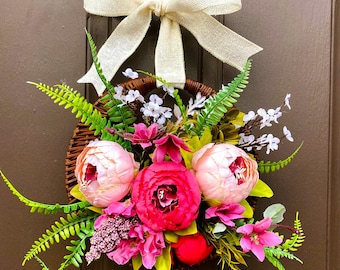 Pink Peonies Door Basket: Summer Floral Apartment Decor