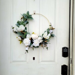White hoop wreath, Neutral door wreath, Gift for moms, Front door hoop, Apartment wreath image 2