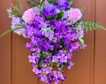 Floral bucket for front door, Purple pink arrangement, Summer door decor, Door hanger