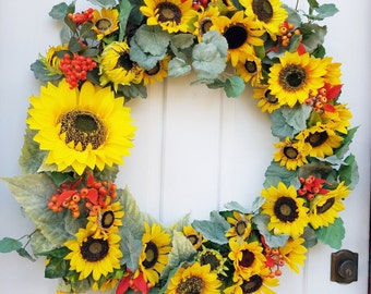 Yellow sunflower wreath, Extra Large wreath, Fall door decor, Farmhouse wreath