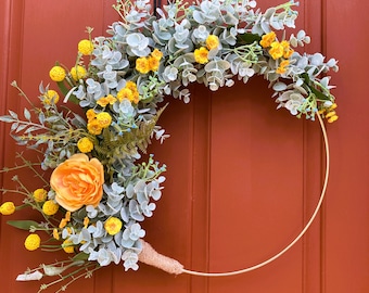 Spring hoop wreath, Front door decor, Gift for mom, Eucalyptus and yellow roses wreath