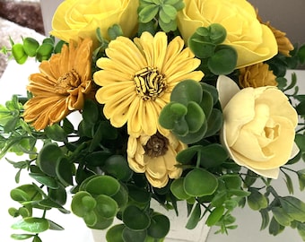 Yellow centerpiece, Wood flower arrangement, Gift for moms, Hand made home decor