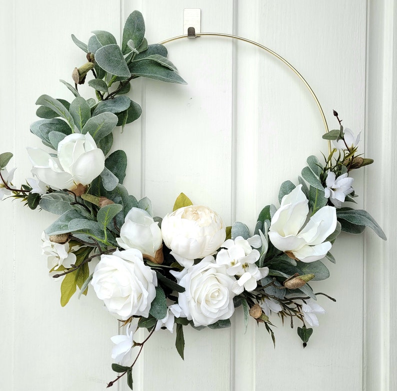 White hoop wreath, Neutral door wreath, Gift for moms, Front door hoop, Apartment wreath image 5
