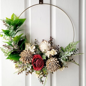 Hoop wreath with wood flowers, All seasons wreath, Gift for mom, 18 inch Apartment wreath image 9