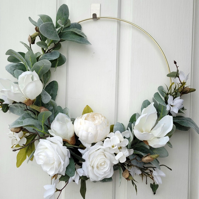White hoop wreath, Neutral door wreath, Gift for moms, Front door hoop, Apartment wreath image 7