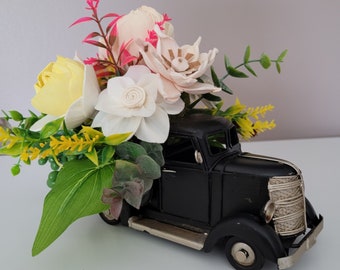 Tiered tray black truck and wood flowers, Farmhouse truck, Black metal truck, Home decor